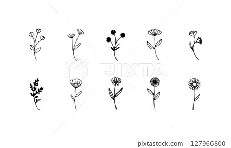 Line Art Bloom Cluster. Grouped line-drawn flowers with gentle details and elegant contours, ideal for refined floral compositions. Line Art Bloom Cluster. Grouped line-drawn flowers with gentle details and elegant contours, ideal for refined floral compositions. 127966800