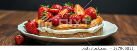 Fresh strawberry cheesecake displayed on a wooden table with vibrant red strawberries on top in a cozy setting 127966831