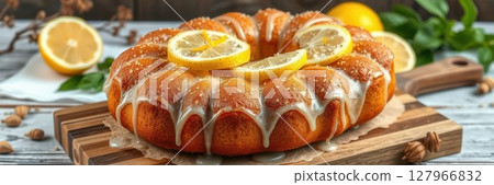 Delicious lemon cake with glazed frosting and lemon slices on wooden serving board in cozy kitchen setting 127966832