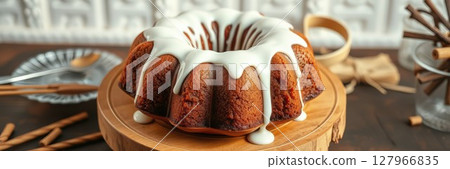 Delicious bundt cake with glaze served on wooden platter in cozy kitchen setting 127966835