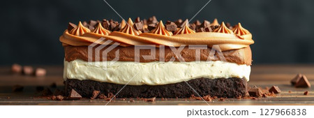 Delicious layered chocolate dessert displayed on a wooden table with a dark background at a bakery 127966838