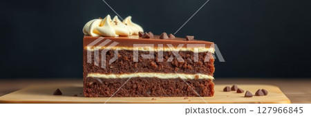 Delicious chocolate cake with creamy filling and chocolate chips on wooden board 127966845