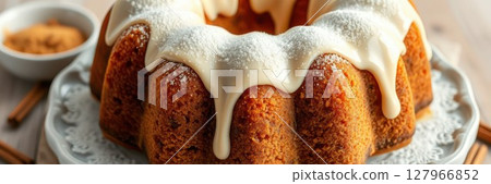 Delicious bundt cake with creamy icing served on a white plate in a cozy kitchen setting during afternoon tea time 127966852