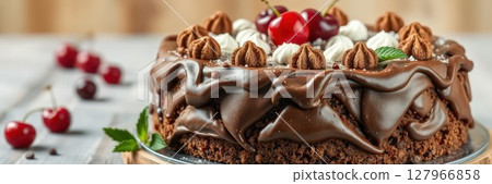 Chocolate cake topped with cherries and cream served on a wooden table Chocolate cake topped with cherries and cream served on a wooden table 127966858