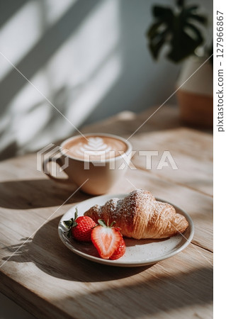 healthy breakfast with coffee croissant fruit 127966867