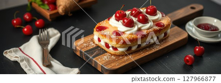 Delicious dessert featuring layers of cream and cherries on a wooden board with cherries and utensils Delicious dessert featuring layers of cream and cherries on a wooden board with cherries and utensils 127966877