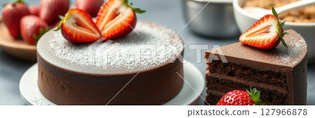 Delicious chocolate cake adorned with fresh strawberries and powdered sugar on a rustic table 127966878
