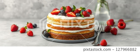 Delicious layered cake topped with fresh strawberries, raspberries, and blueberries on a simple gray surface 127966882