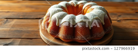 Delicious bundt cake topped with icing placed on a wooden table in a cozy setting 127966919