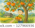 Watercolor illustration of farmers picking persimmons 127966936