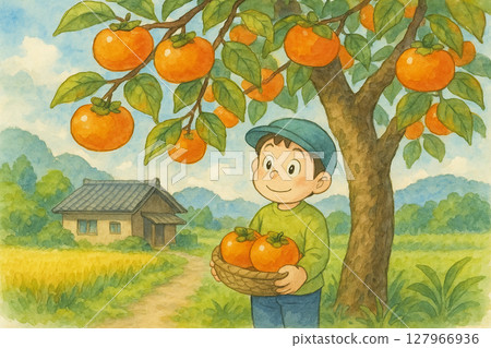 農民採摘柿子的水彩插圖 127966936