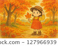 Child playing with fallen leaves in autumn park 127966939