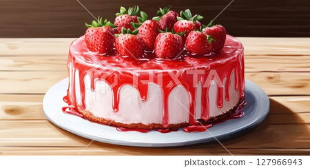 Strawberry cake with creamy frosting and fresh berries presented on a rustic wooden table for dessert lovers 127966943