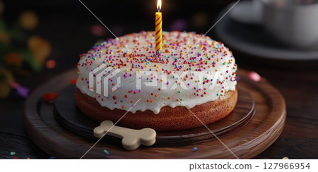 Celebrate a dog birthday with a festive cake adorned with sprinkles and a single candle for a special moment of joy 127966954