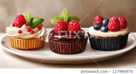 Delicious assortment of gourmet cupcakes decorated with fresh fruits and mint leaves on a white plate Delicious assortment of gourmet cupcakes decorated with fresh fruits and mint leaves on a white plate 127966978
