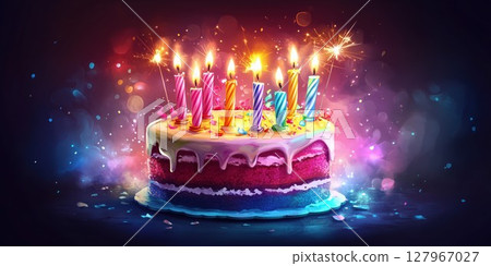 Colorful birthday cake adorned with candles and sparkles, celebrating a joyful occasion with vibrant decorations 127967027