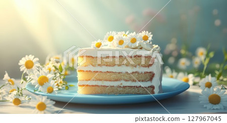 Delicious cake decorated with fresh daisies on a sunny day in a garden setting 127967045