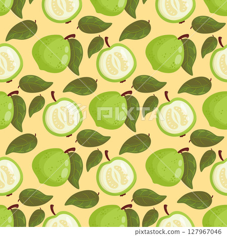 Seamless Pattern White Guava Fruit Tree on Yellow Background with leaves. Vector illustration 127967046