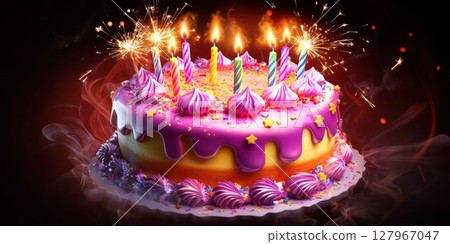 Colorful birthday cake with candles and sparklers illuminating the festive atmosphere 127967047