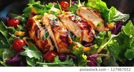 Juicy grilled chicken served on a fresh bed of mixed greens and vegetables in a vibrant salad 127967052