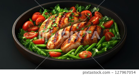 Grilled chicken breast served with fresh vegetables in a round skillet 127967054