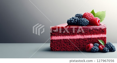 Delicious piece of red velvet cake topped with fresh berries on a neutral background 127967056