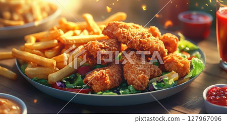 Crispy fried chicken served on a plate with golden fries and fresh salad in a casual dining setting Crispy fried chicken served on a plate with golden fries and fresh salad in a casual dining setting 127967096