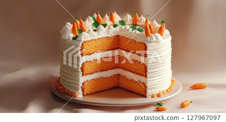 Delicious carrot cake decorated with cream and miniature carrots served on a plate for a festive occasion 127967097