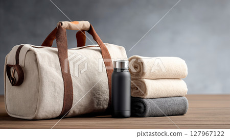 Gym bag packed with towels and water 127967122