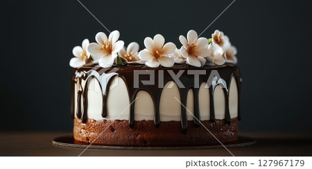 Beautiful gourmet cake topped with white flowers and chocolate glaze is perfect for celebrations and special occasions Beautiful gourmet cake topped with white flowers and chocolate glaze is perfect for celebrations and special occasions 127967179