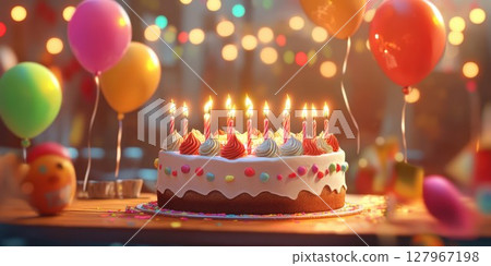 Celebrate a joyful birthday party with colorful balloons, cake, and festive decorations in a lively atmosphere 127967198