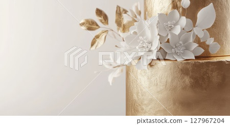 Elegant gold and white cake decorated with floral accents for a special celebration 127967204