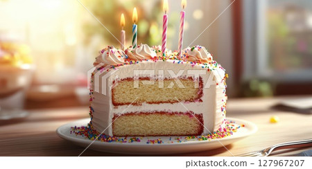 Colorful birthday cake with candles and sprinkles displayed on a table at a festive gathering 127967207