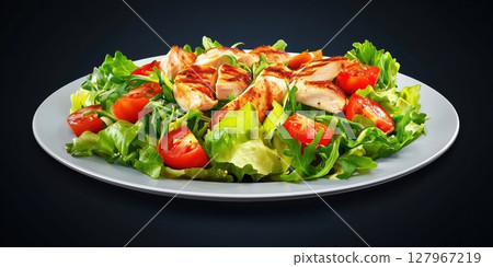 Grilled chicken salad with fresh greens and tomatoes served on a white platter against a dark background 127967219
