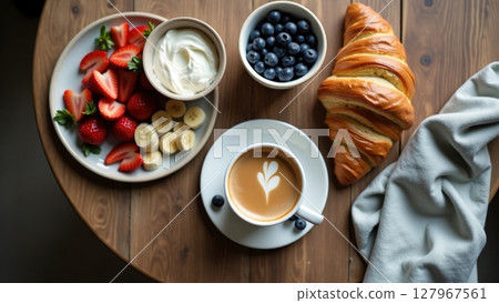 healthy breakfast with coffee croissant fruit 127967561