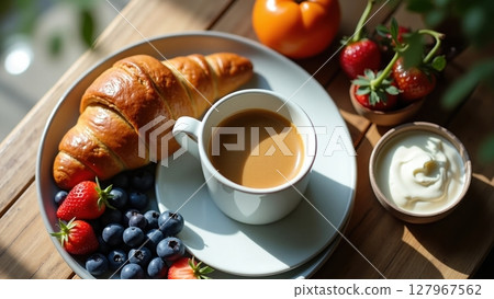 healthy breakfast with coffee croissant fruit 127967562