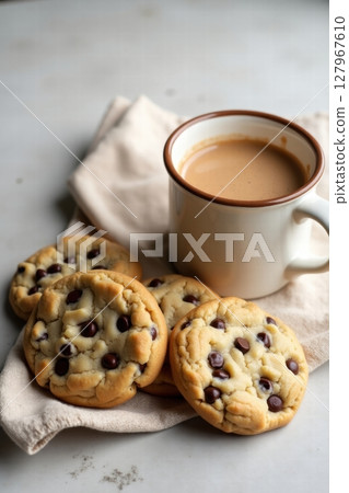 chocolate chip cookies and coffee 127967610