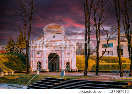 Parnu, Estonia. View Of Tallinn Gate Is Historical Fortifications Of Parnu And Only Surviving 17th Century Gate With Embankment In Baltic Countries. Sunny Winter Day 127967613