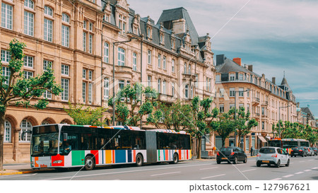 Luxembourg. Bus on Bus stop near High Authority of the European Coal and Steel Community. Traffic In street 127967621