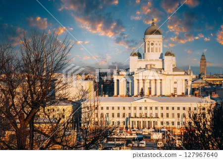 Finland, Helsinki. Top View Of Helsinki Cathedral And City Hall In Sunny Day. Famous Dome Landmark In Neoclassical Style Finland, Helsinki. Top View Of Helsinki Cathedral And City Hall In Sunny Day. Famous Dome Landmark In Neoclassical Style 127967640