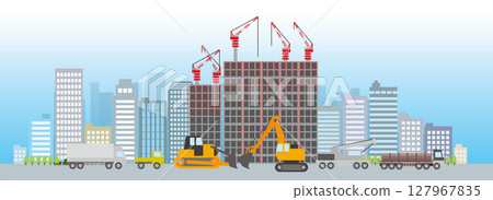 挖掘者穿過正在建設中的建築城市的插圖：平面設計 127967835