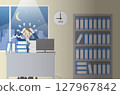 Businessman working overtime in front of bookshelf: Paperless: Flat design 127967842