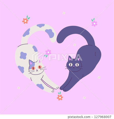 Two cute cats lying in the shape of a heart. Vector graphics 127968007