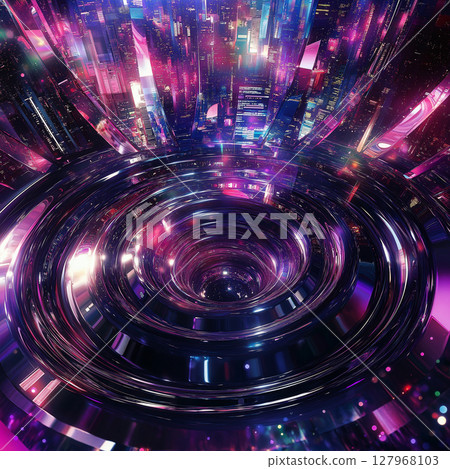 Futuristic neon cityscape with abstract vortex and vibrant lights 127968103