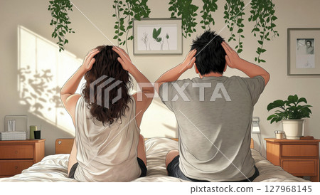 Young caucasian couple sitting on bed with hands on heads in a cozy bedroom with plants 127968145