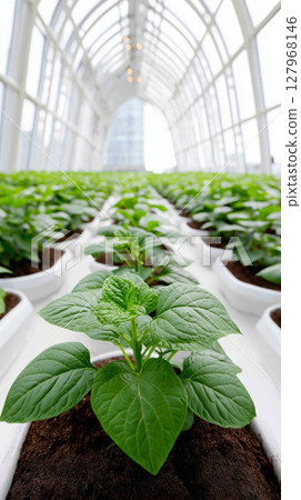 Bountiful greenhouse garden: rows of lush bell pepper plants thriving in white planters Bountiful greenhouse garden: rows of lush bell pepper plants thriving in white planters 127968146