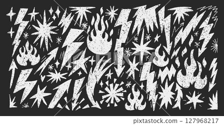 Grunge Crayon Doodle Elements with Flames, Arrows, and Lightning Icons 127968217