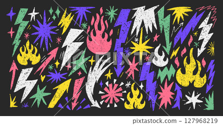Colorful Vector Crayon Illustration Featuring Flames, Stars, And Lightning Bolts Colorful Vector Crayon Illustration Featuring Flames, Stars, And Lightning Bolts 127968219