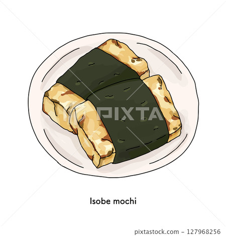 Japanese sweets_Isobe mochi line drawing Hand-drawn illustration 127968256