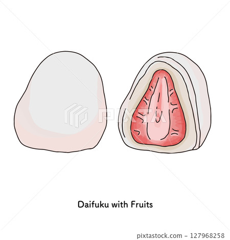 日式甜點_水果大福 草莓 線描 手繪插畫 127968258